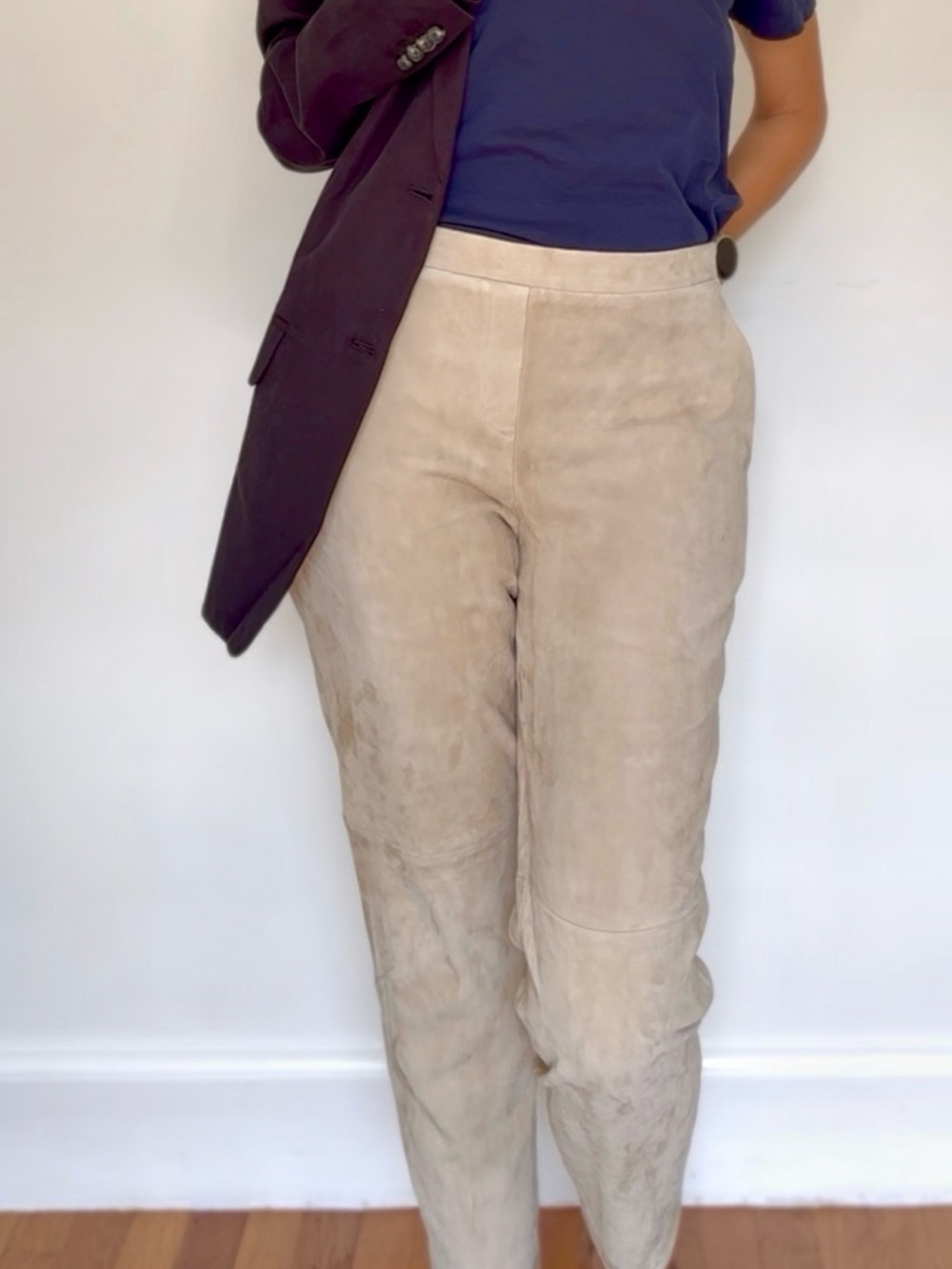 Theory Beige Straight-Leg Suede Pants